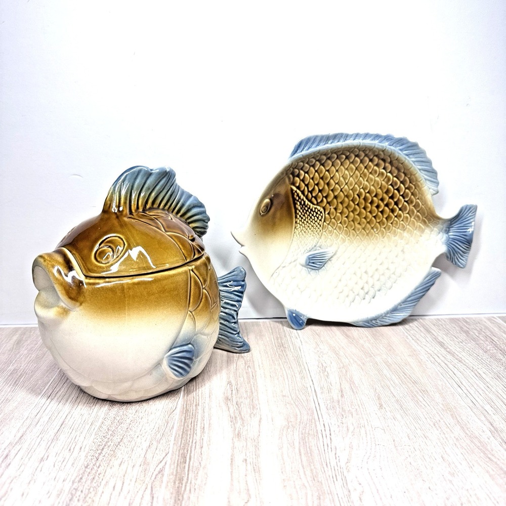 Vintage Fish Shaped Sugar Bowl Lid Plate Set Ceramic Japan Style Kitchen